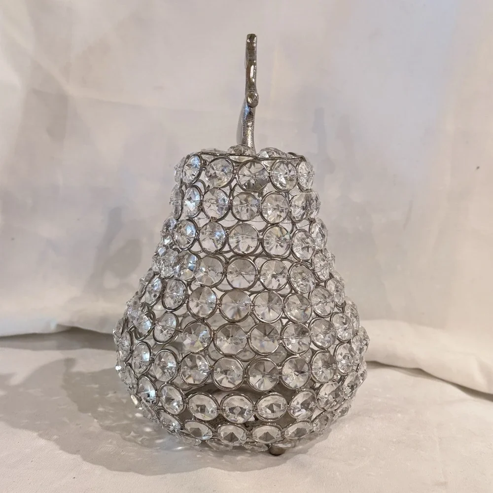 Vintage Crystal Pear Tea Light Candle Votive Cover MCM Fruit Decor Silver Accent